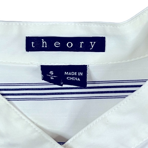 Theory Women’s Small White Blue Striped Button Up Lace Trim Blouse - Picture 7 of 9